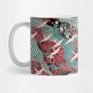 FLYING WHITE CRANES ON BLUE WATERS AND SPRING FLOWERS Antique Red Teal Green Japanese Floral Mug